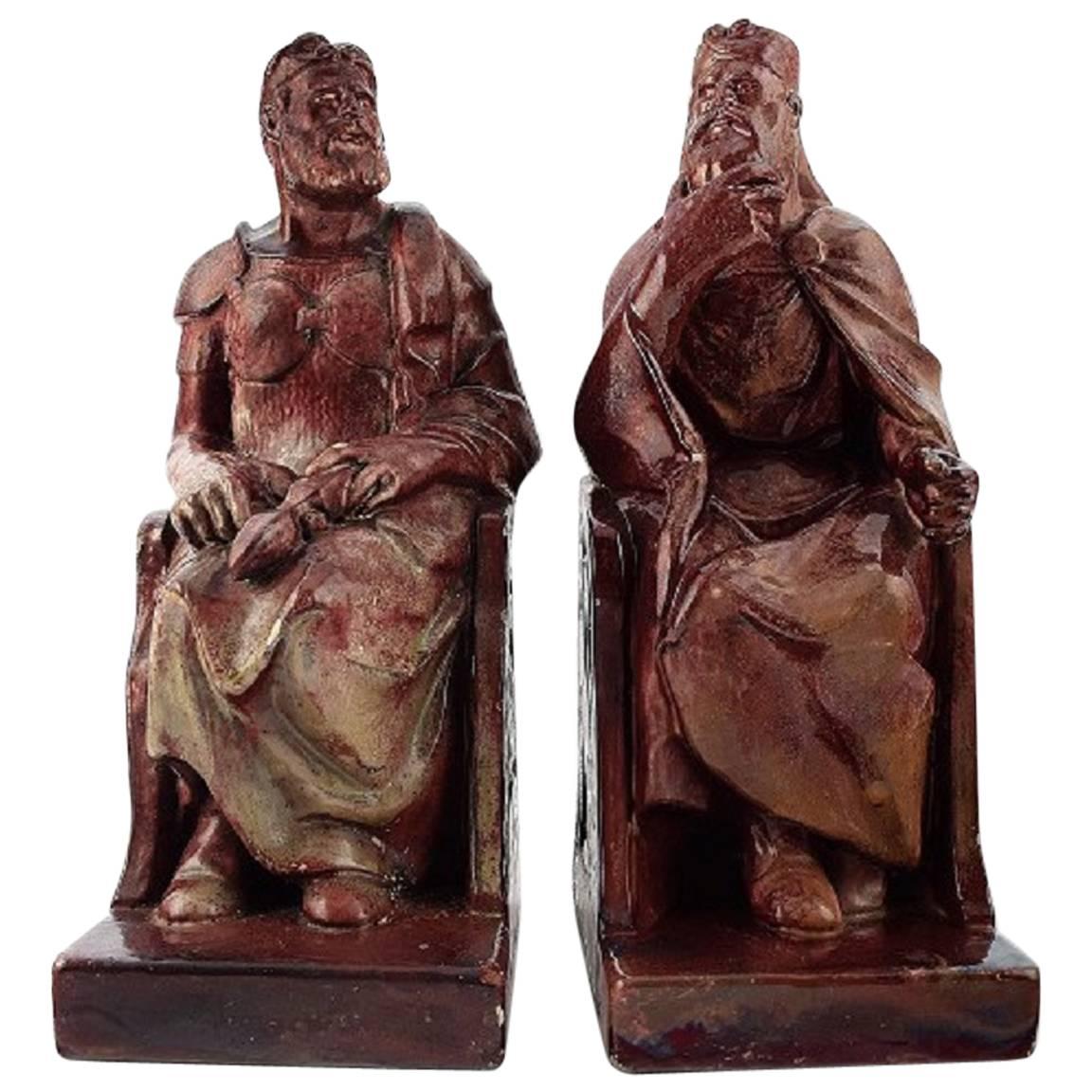 Imposing Warrior and King Ceramic Block Bookends, Karl Hansen Reistrup