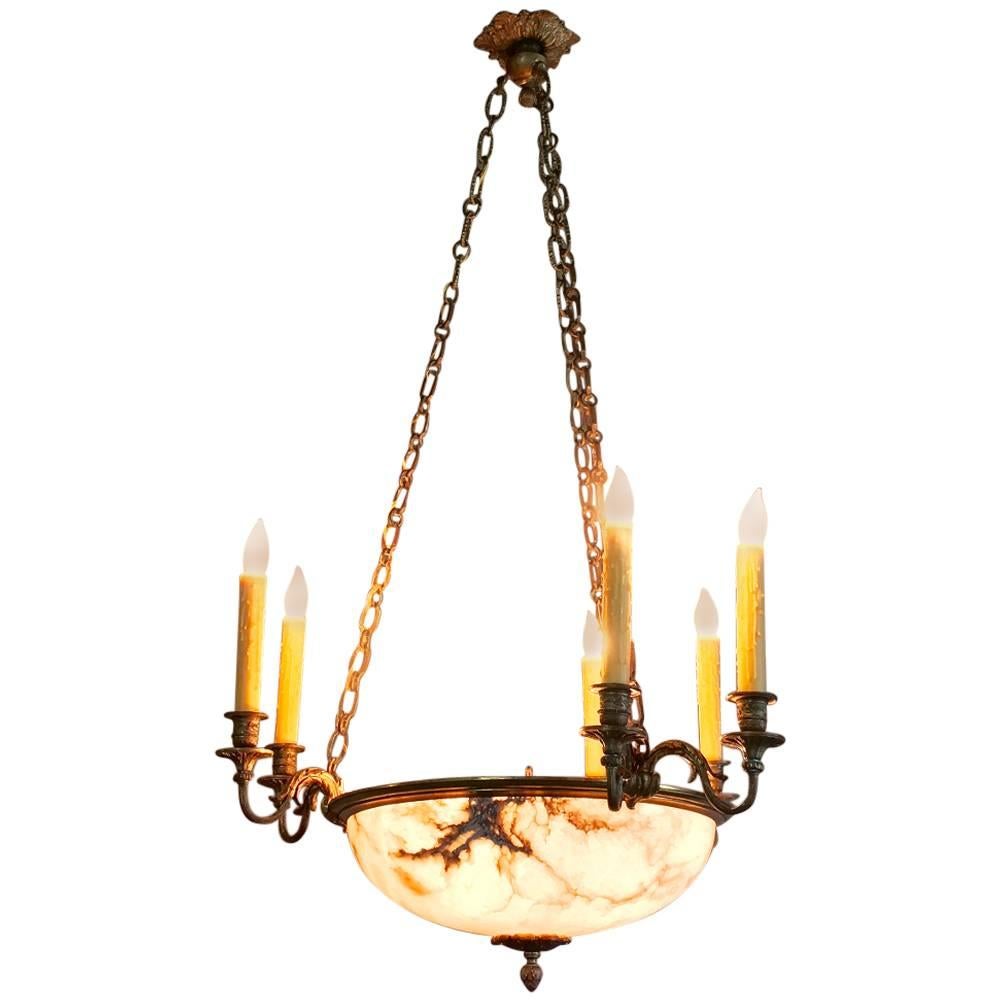 Antique French Louis XVI Neoclassical Bronze and Alabaster Chandelier