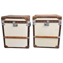 Pair of English Leather Luggage Boxes Steamer Trunks Side Tables