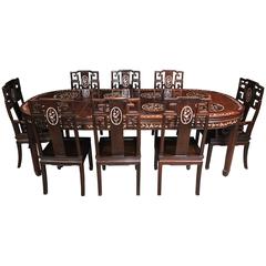 Antique Chinese Hardwood Dining Set Table and Eight Chairs Mother-of-Pearl Inlay