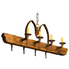 One of a Kind Rustic Wood and Iron Spanish Chandelier, circa 1940 7