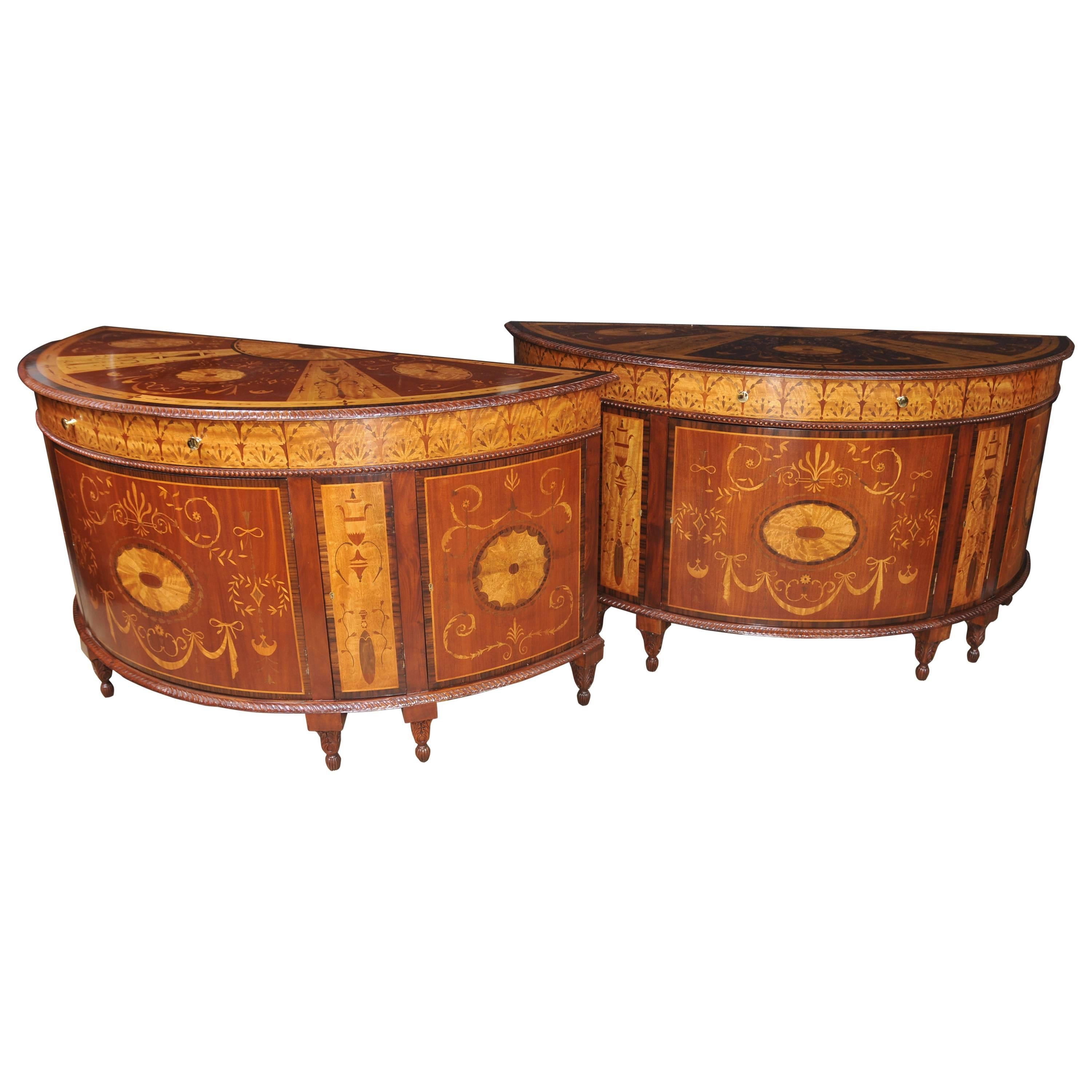Pair of Regency Style Inlaid Commodes Demilune Cabinets Marquetry Inlay For Sale