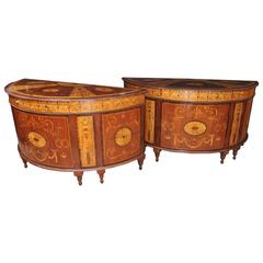 Pair of Regency Style Inlaid Commodes Demilune Cabinets Marquetry Inlay