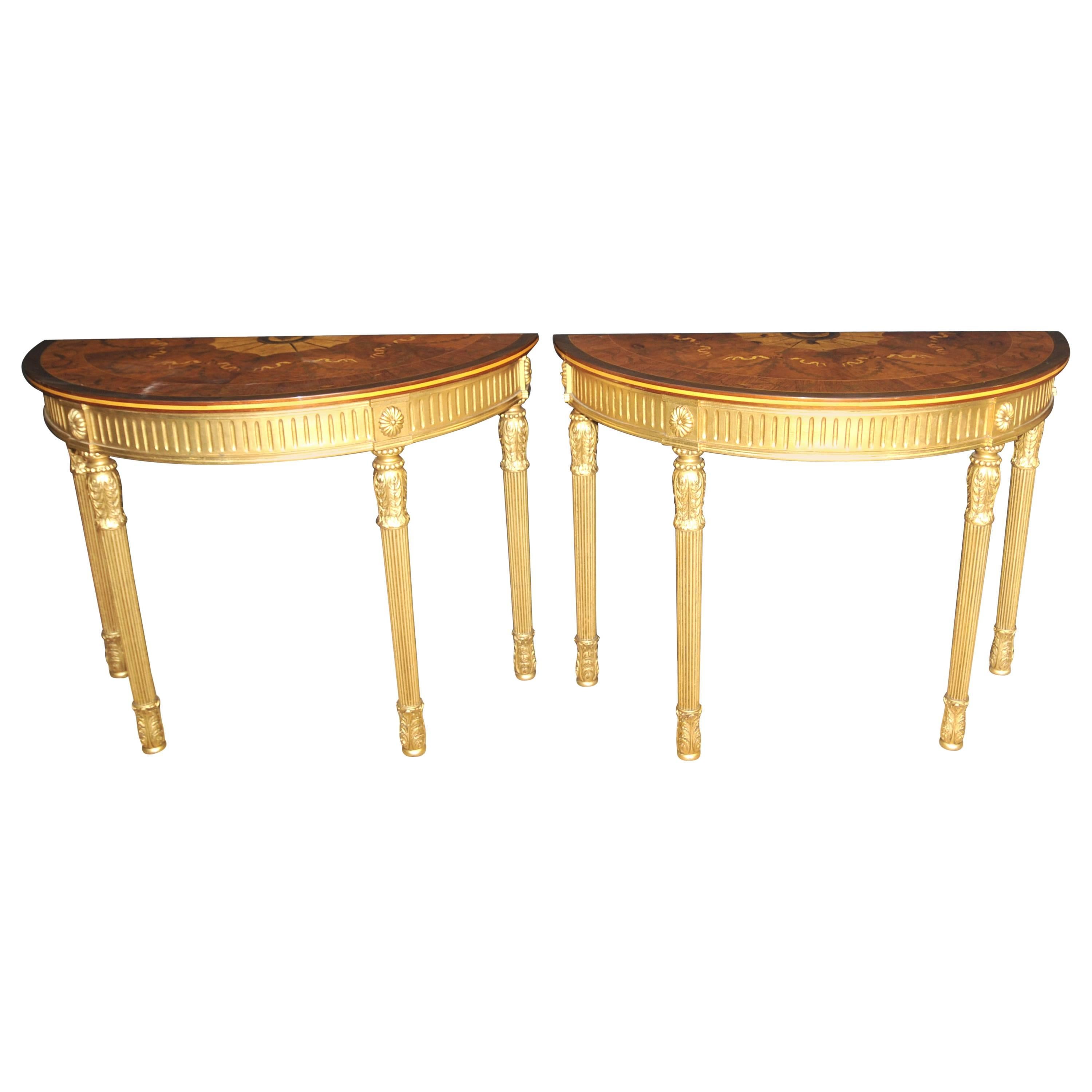 Pair of Adams Regency Style Console Tables Demilune Marquetry Inlay Tops For Sale