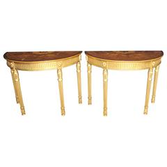 Pair of Adams Regency Style Console Tables Demilune Marquetry Inlay Tops