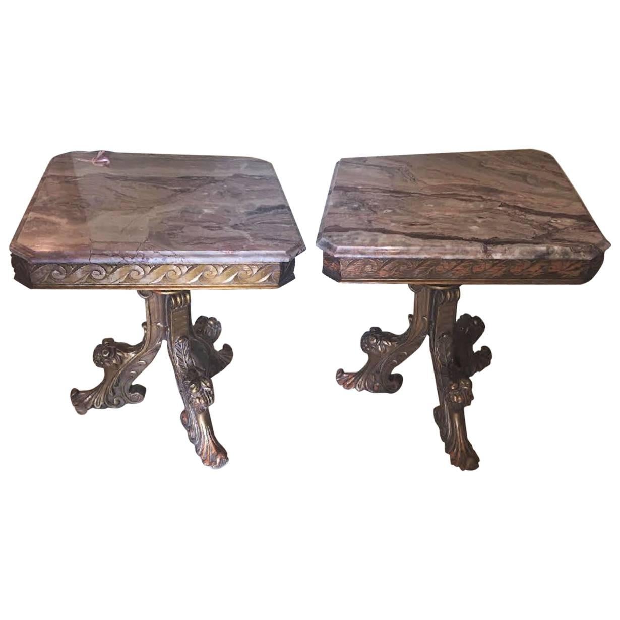 Pair Marble-Top End Tables Supported By Tri Pedestal Base Distress Gilt Finish
