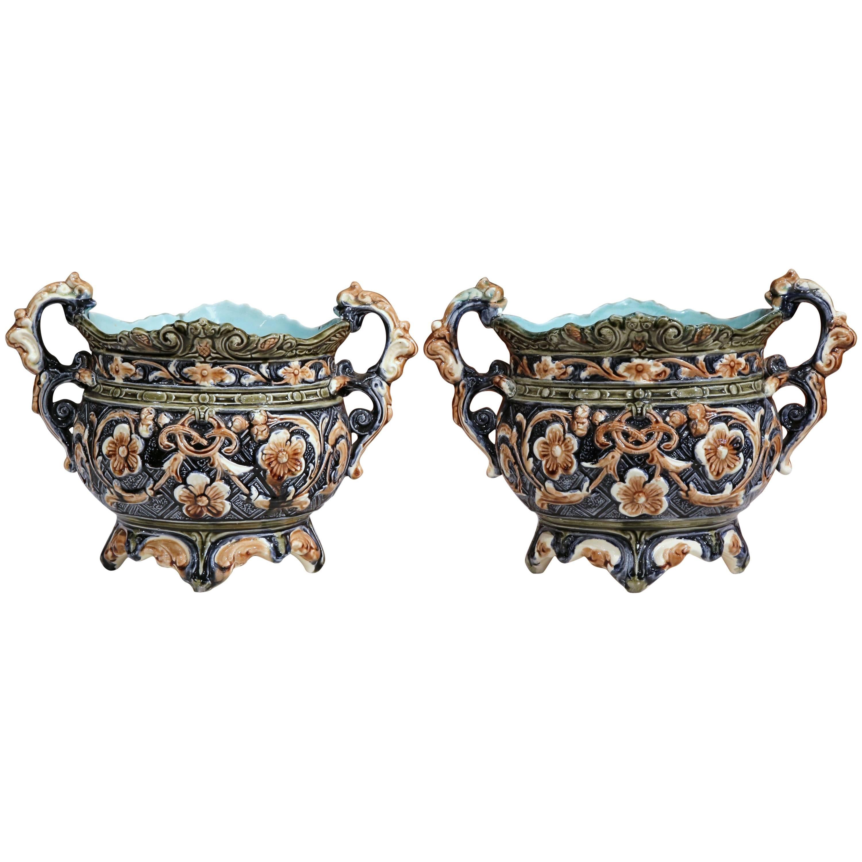 Pair of 19th Century French Hand-Painted Barbotine Cache Pots with Flower Motifs