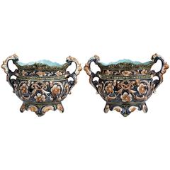 Antique Pair of 19th Century French Hand-Painted Barbotine Cache Pots with Flower Motifs