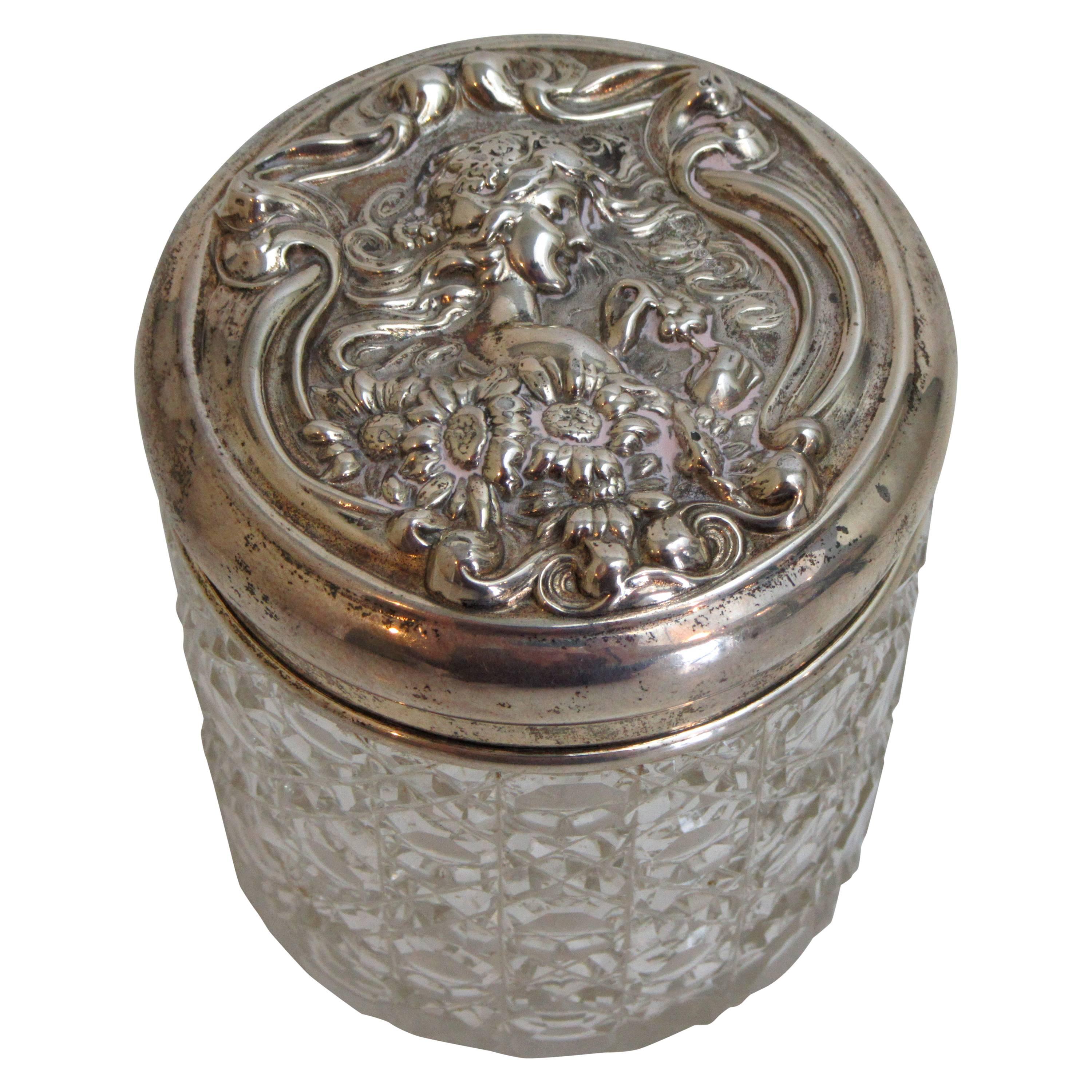 Art Nouveau Sterling Lidded Glass Vanity Jar