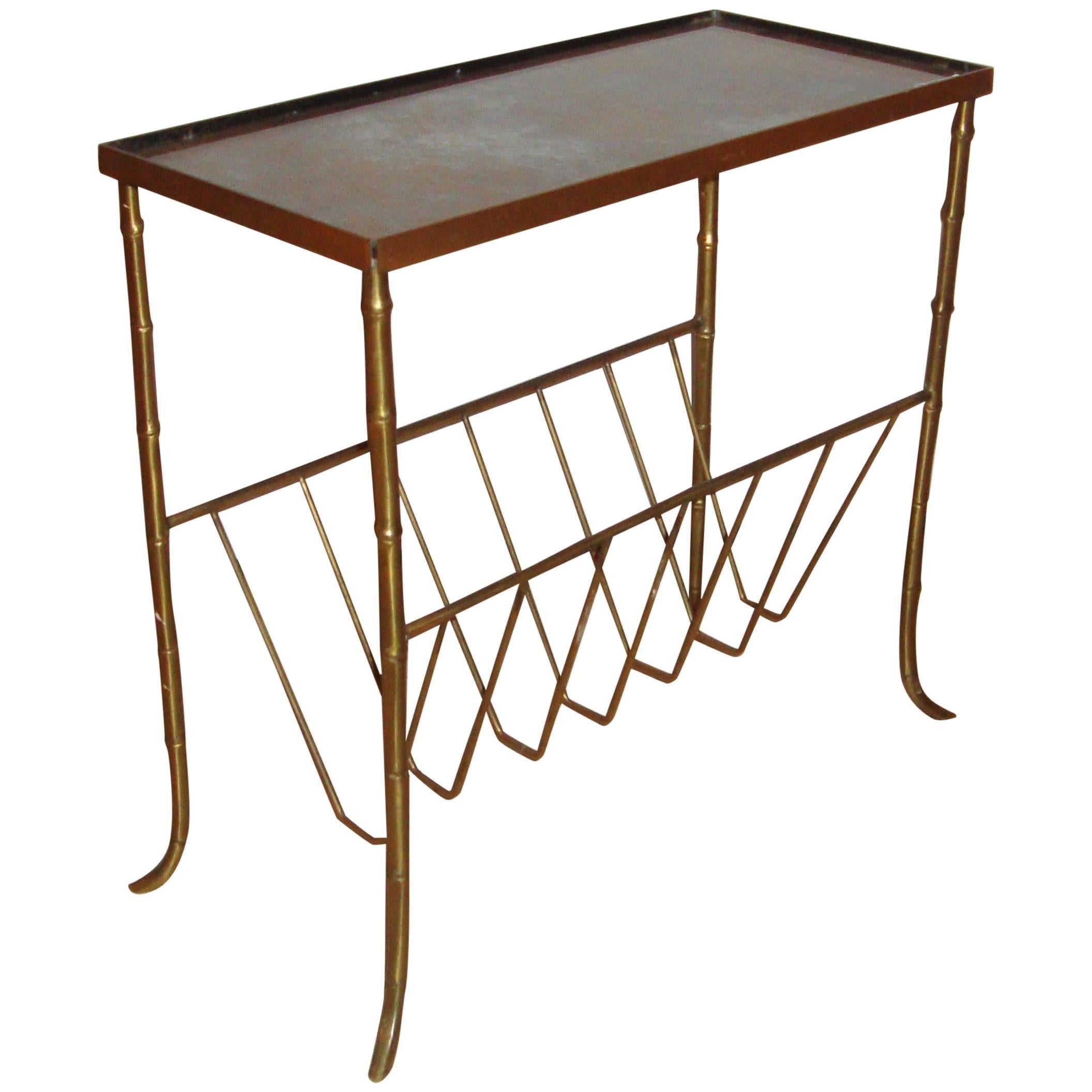 Bagues Style Bronze Bamboo Magazine Table with Gilt Mirrored Top