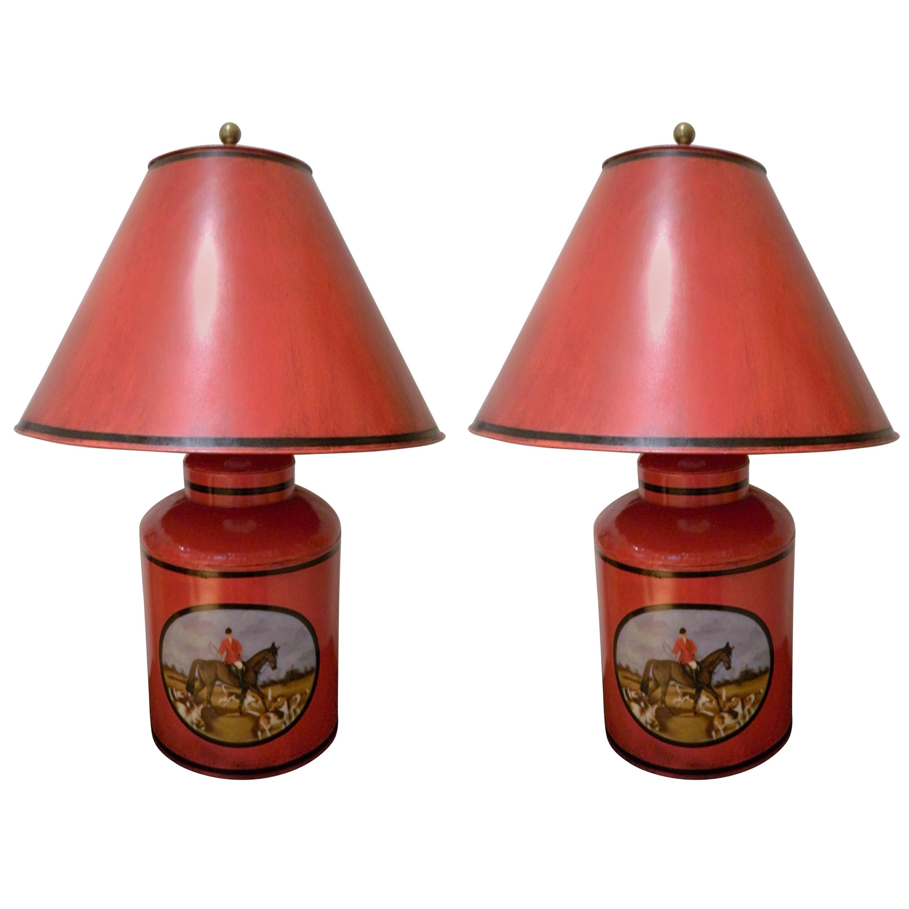 Pair of Painted Tole Canisters Adapted as Lamps with Horse Scenes, 20th Century