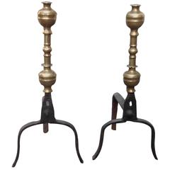 Good Pair of 17th Century Bronze and Iron Andirons