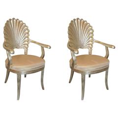 Pair of Hollywood Regency Style Silver Leaf Shell Form Armchairs
