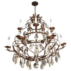 Vintage Grand Fourteen-Light Iron and Crystal Chandelier