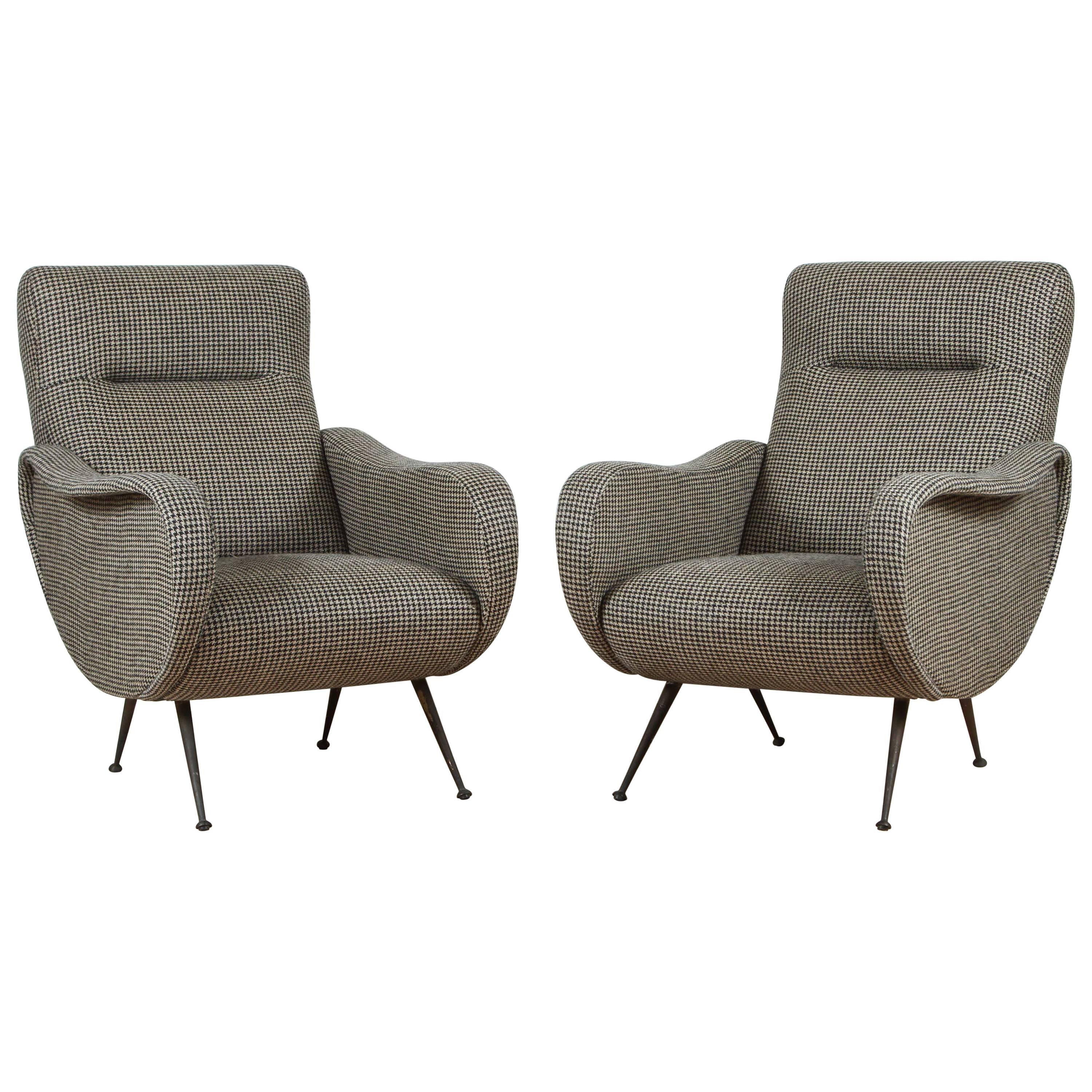 Pair of Italian Lounge Chairs Upholstered in Wool Houndstooth