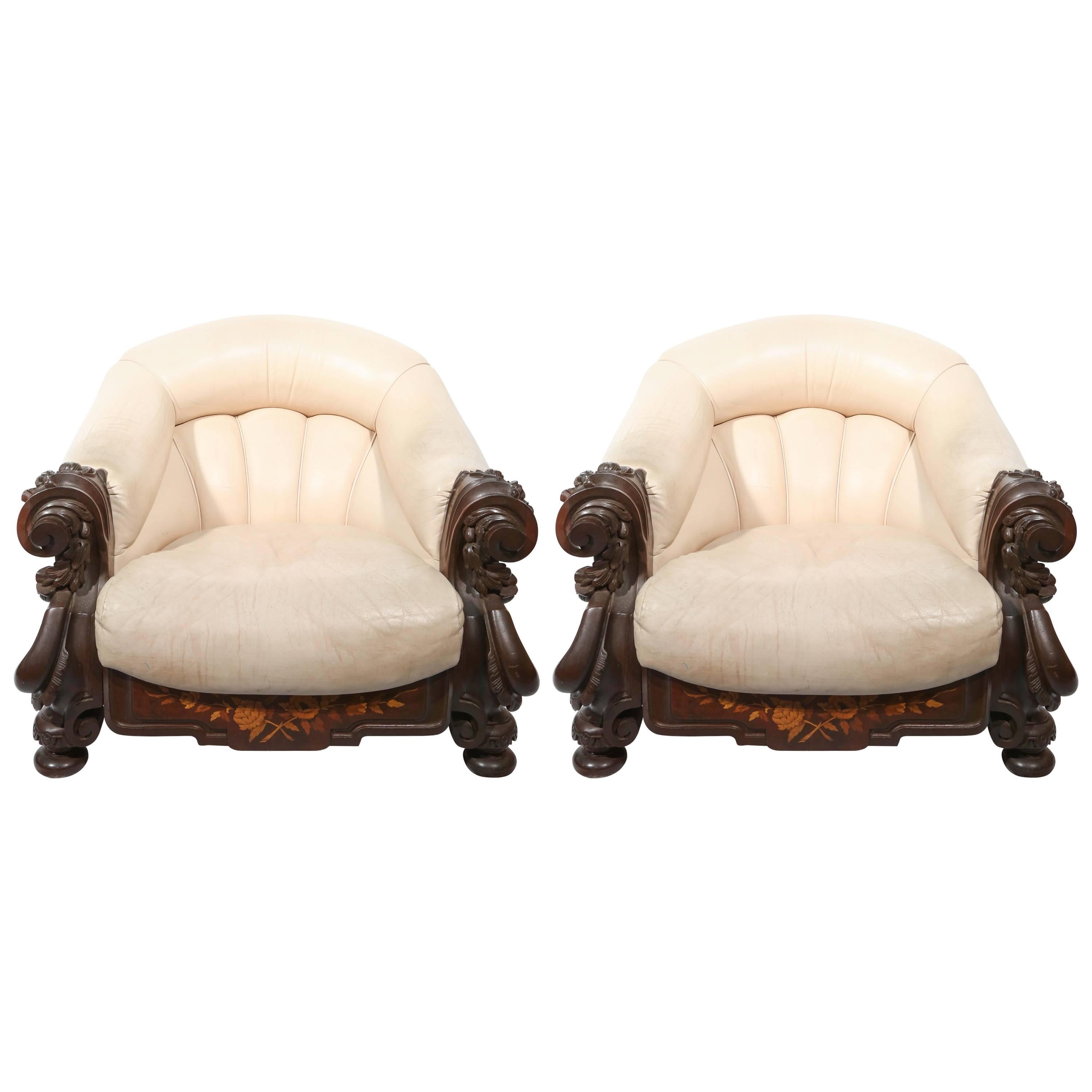 Outstanding Pair of Belle Époque Marquetry and Leather "Gentlemen's" Chairs