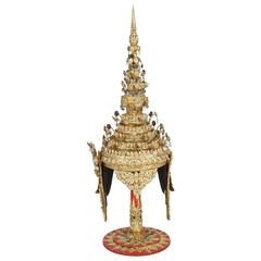 Gilt Ceremonial Thai Headdress on Stand