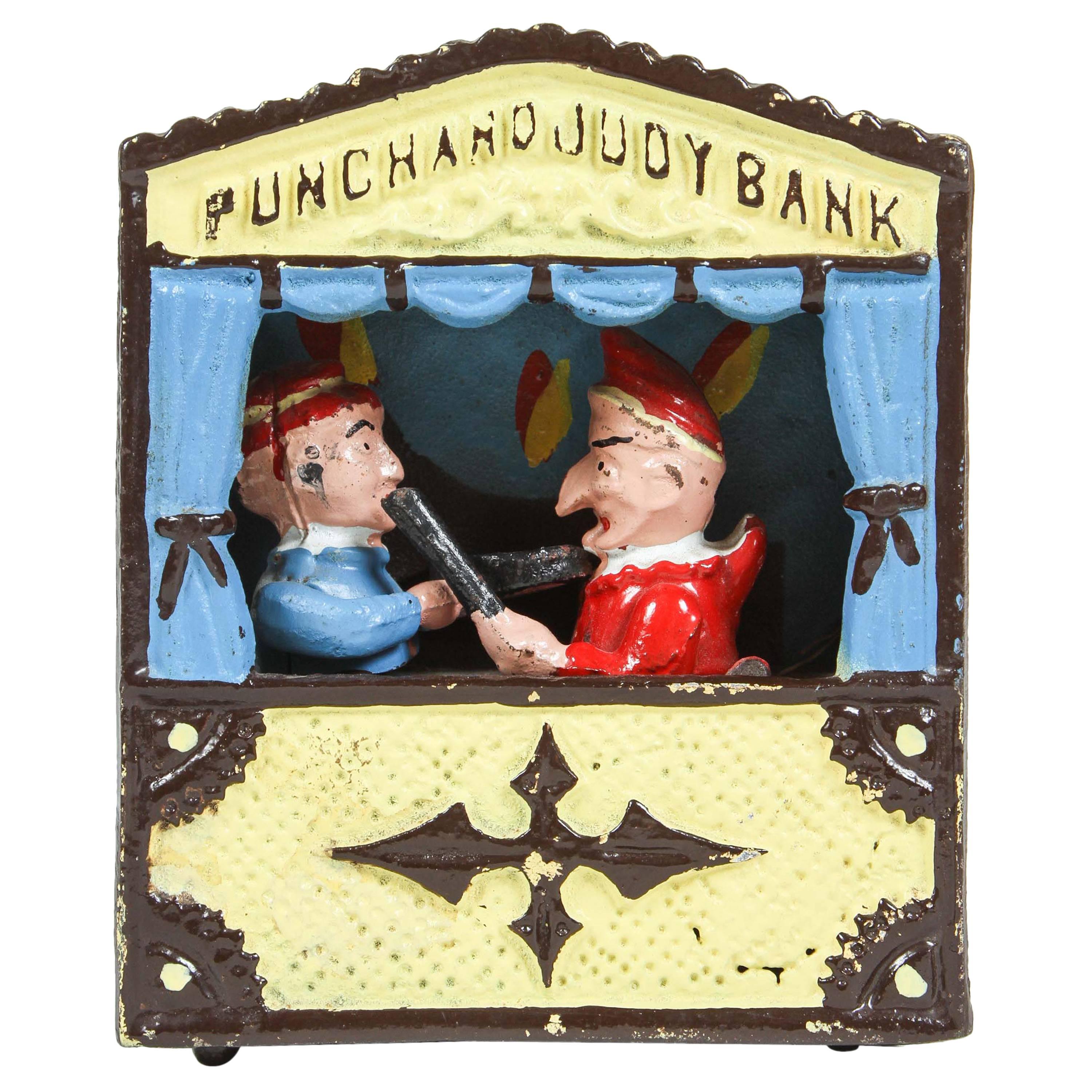 Vintage Cast Iron Book of Knowledge Mechanical Bank, Punch & Judy, 20th Century For Sale