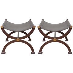 Pair of Industrial Campaign Style Iron and Brass X Benches with Leather Seats