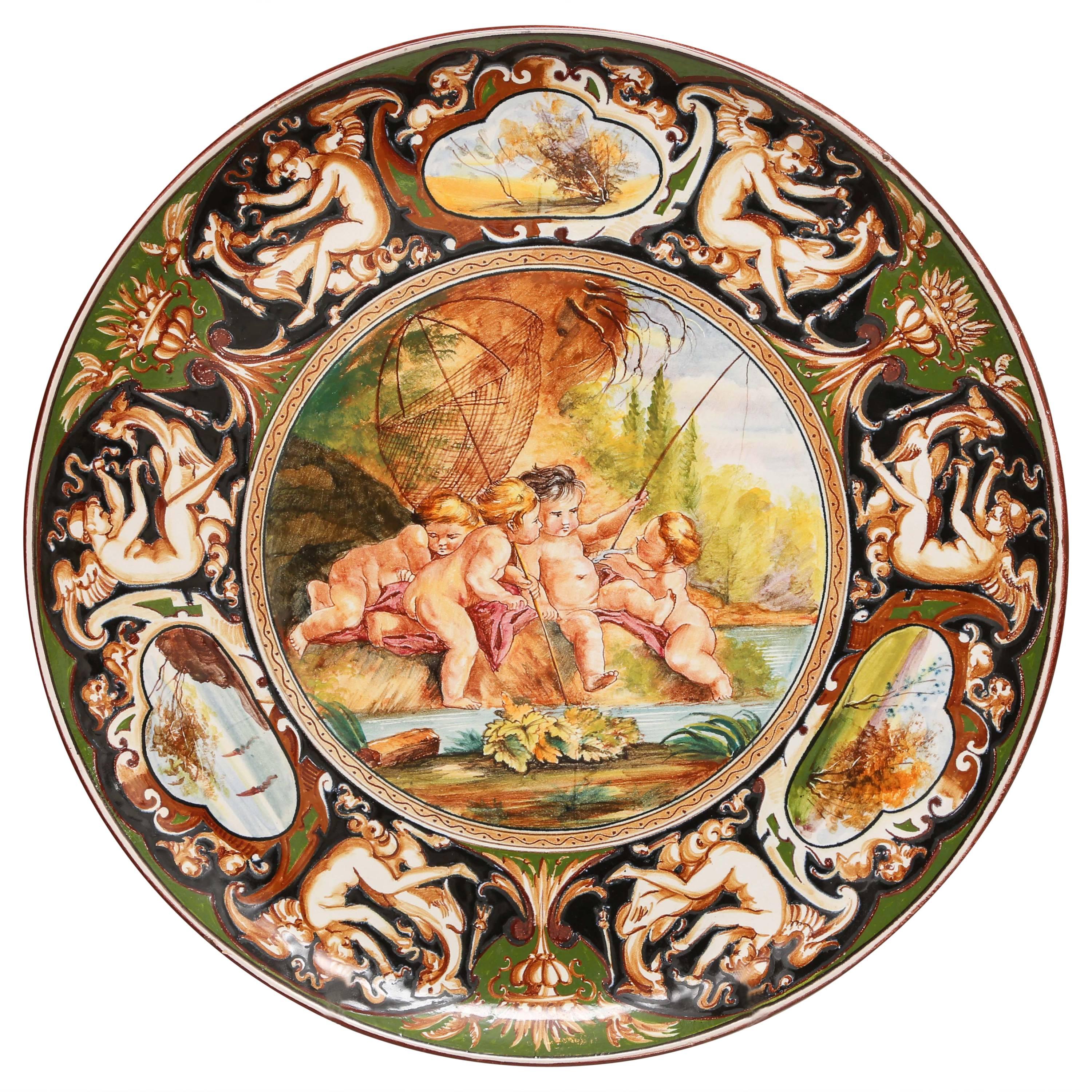 Large 19th Century Majolica Putti Charger For Sale