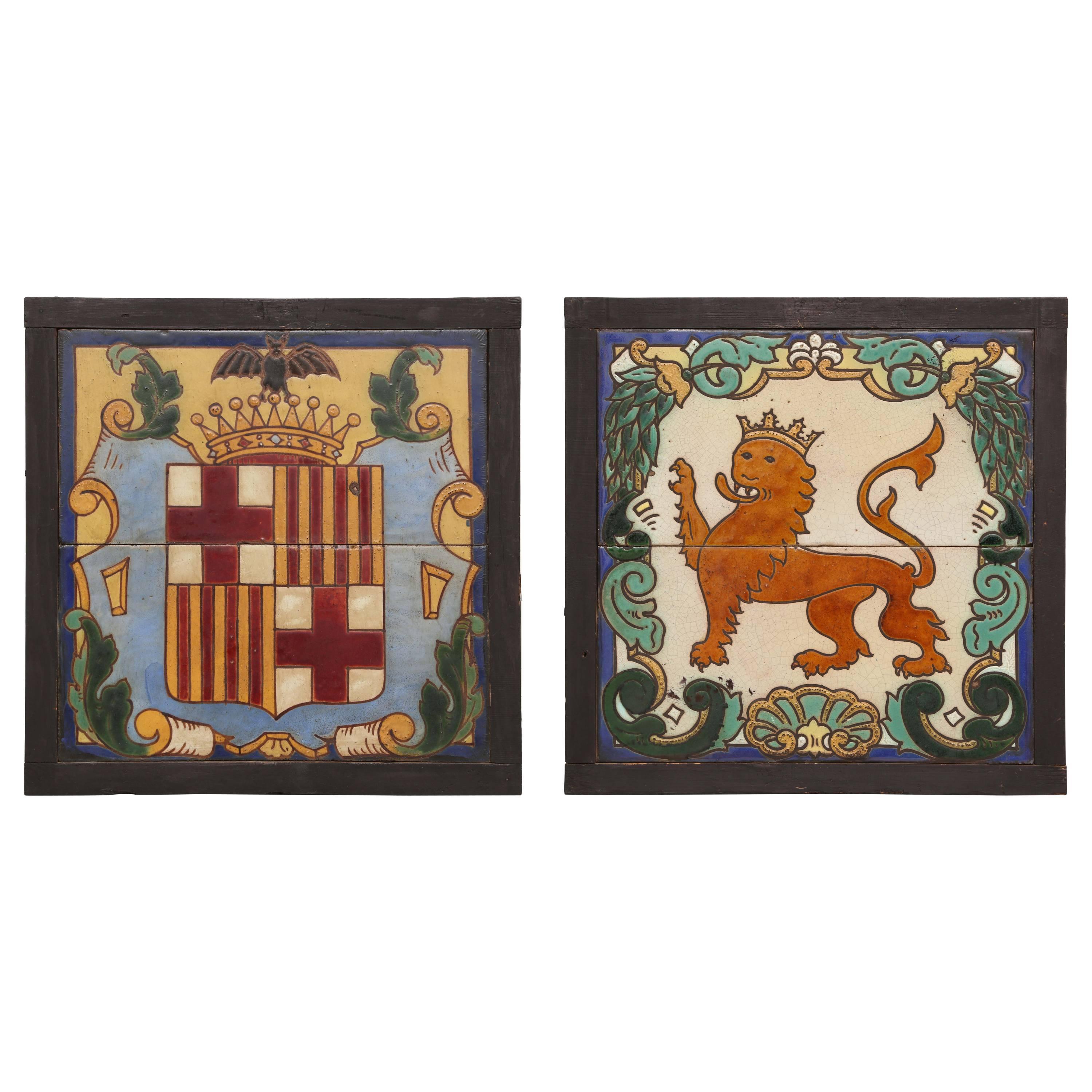 Pair of Framed Antique Armorial Crest Tiles