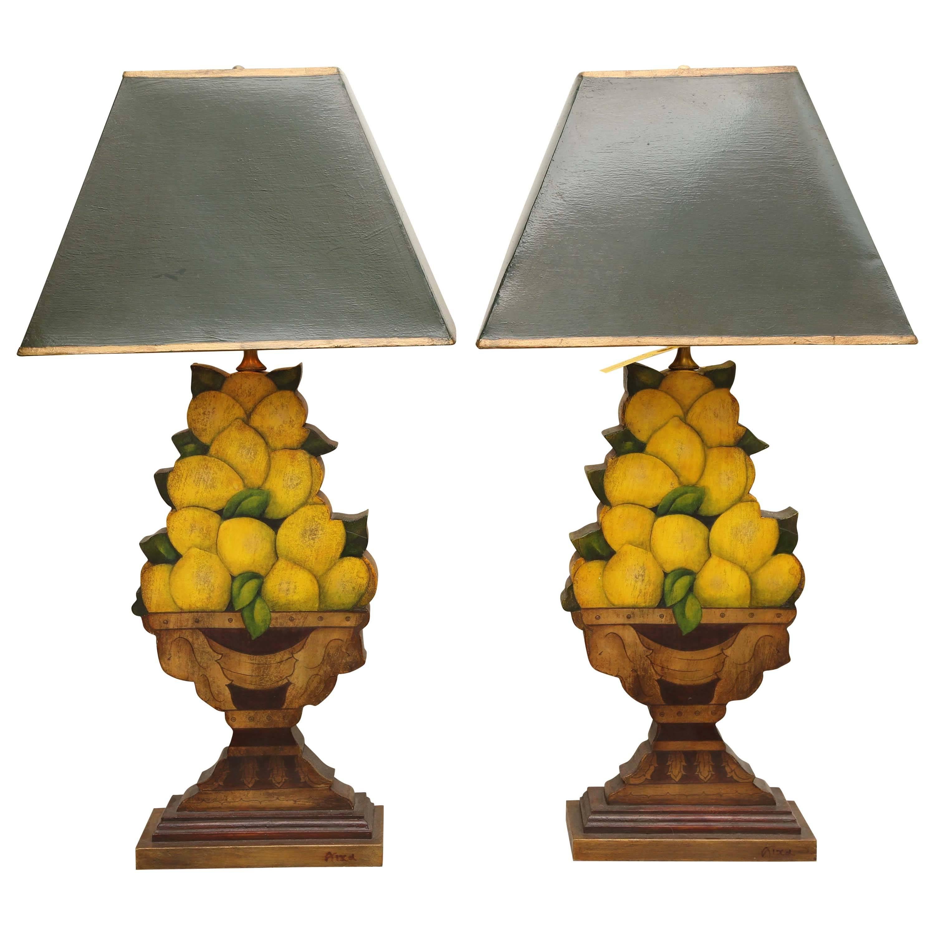 Pair of Carved Wood and Decoupage Lemon Topiary Lamps