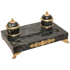19th Century Napoleonic Marble and Doré Bronze Inkwell 2