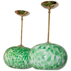 Murano Green and White Opaque Globe Pendant Light Fixture with Brass Detail