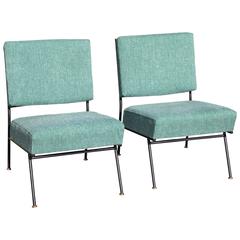 Pair of Iron Base Tweed Upholstered Modernist Chairs with Brass Detail