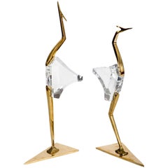 Pair of Stylized Lucite and Brass Crane Sculptures