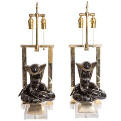 Pair of Enameled Brass Cobra Table Lamps on Lucite Bases by Tony Duquette