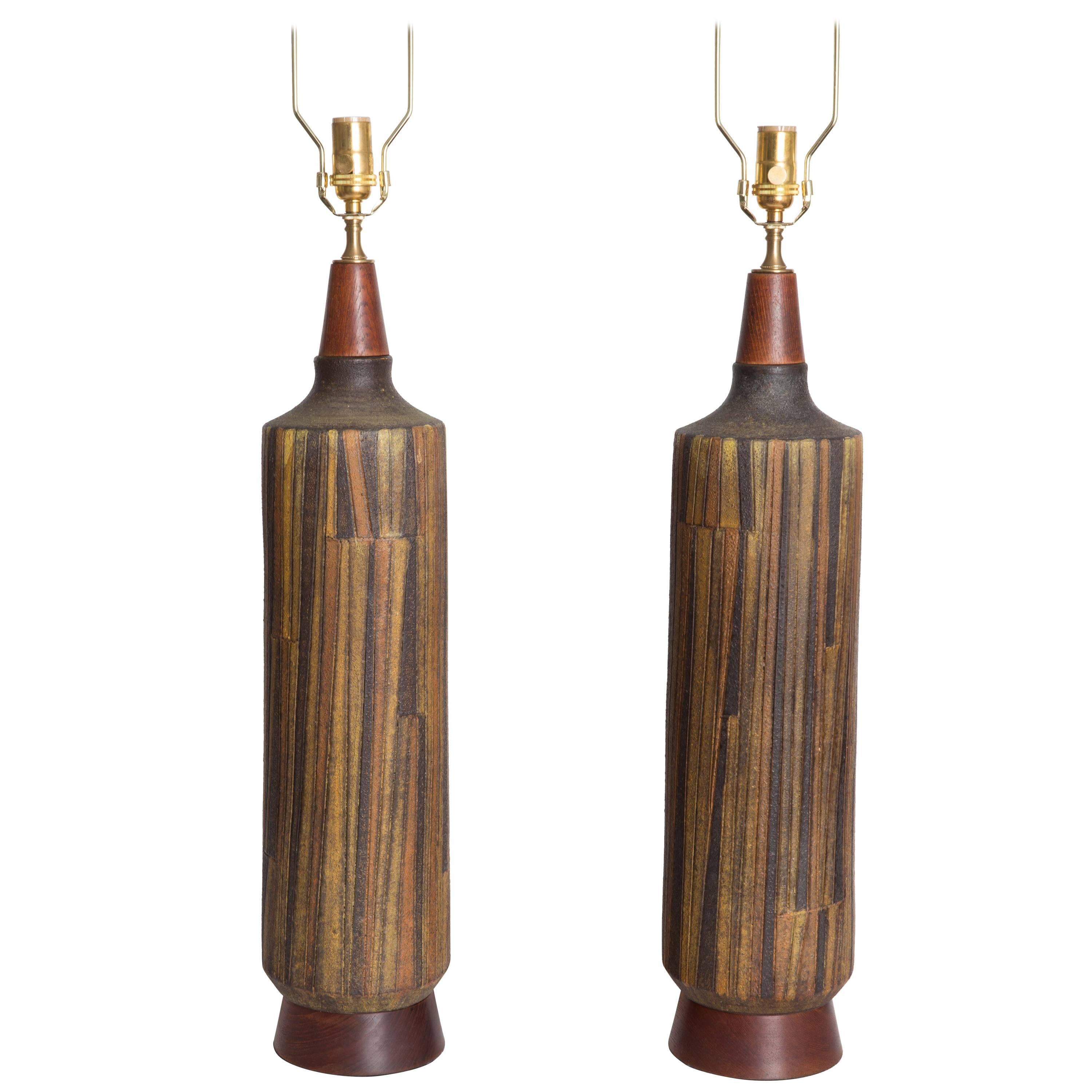 Pair of Columnar Multicolored Ceramic and Wood Lamps by Raymor