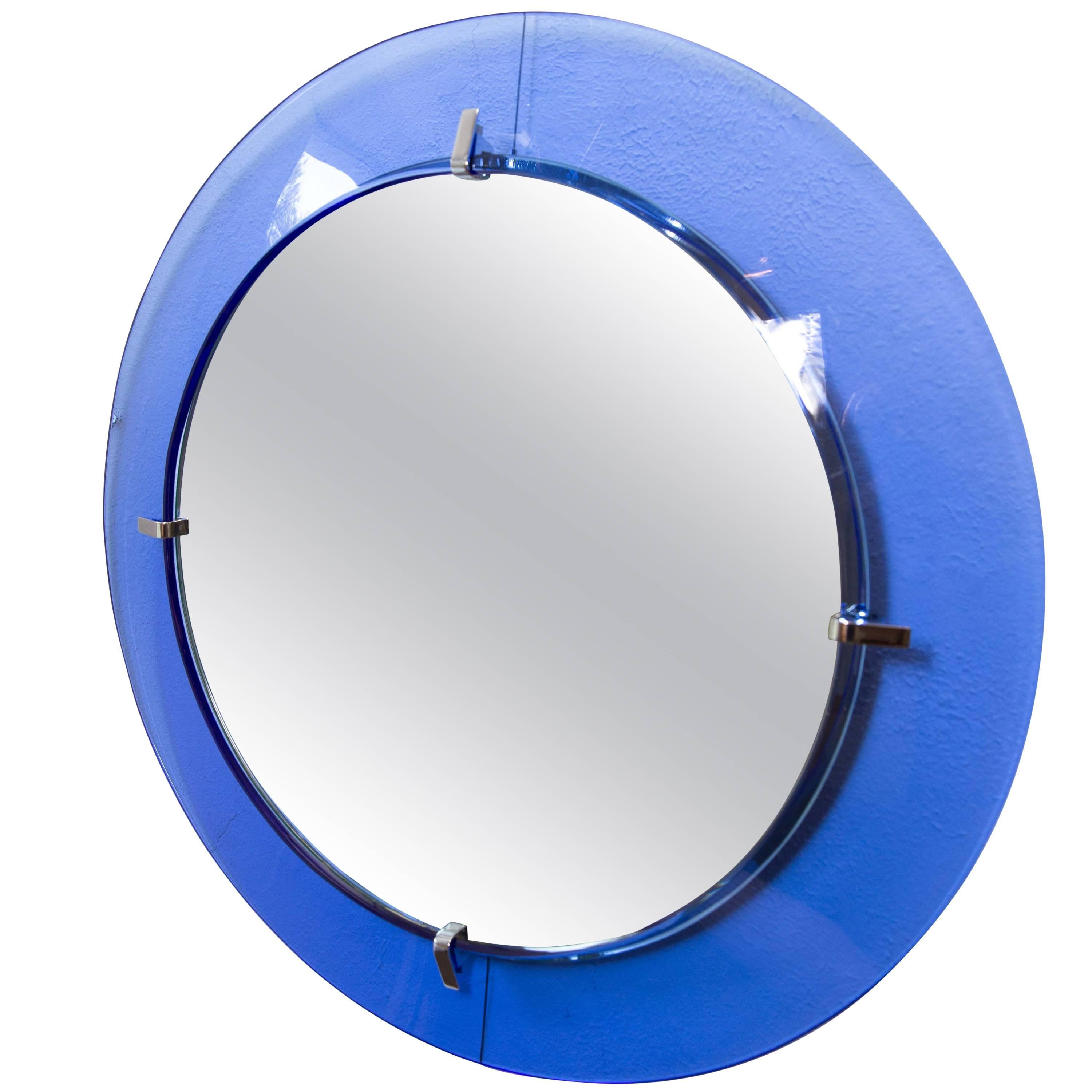 Circular Mirror with Floating Blue Glass Surround with Chrome Detail