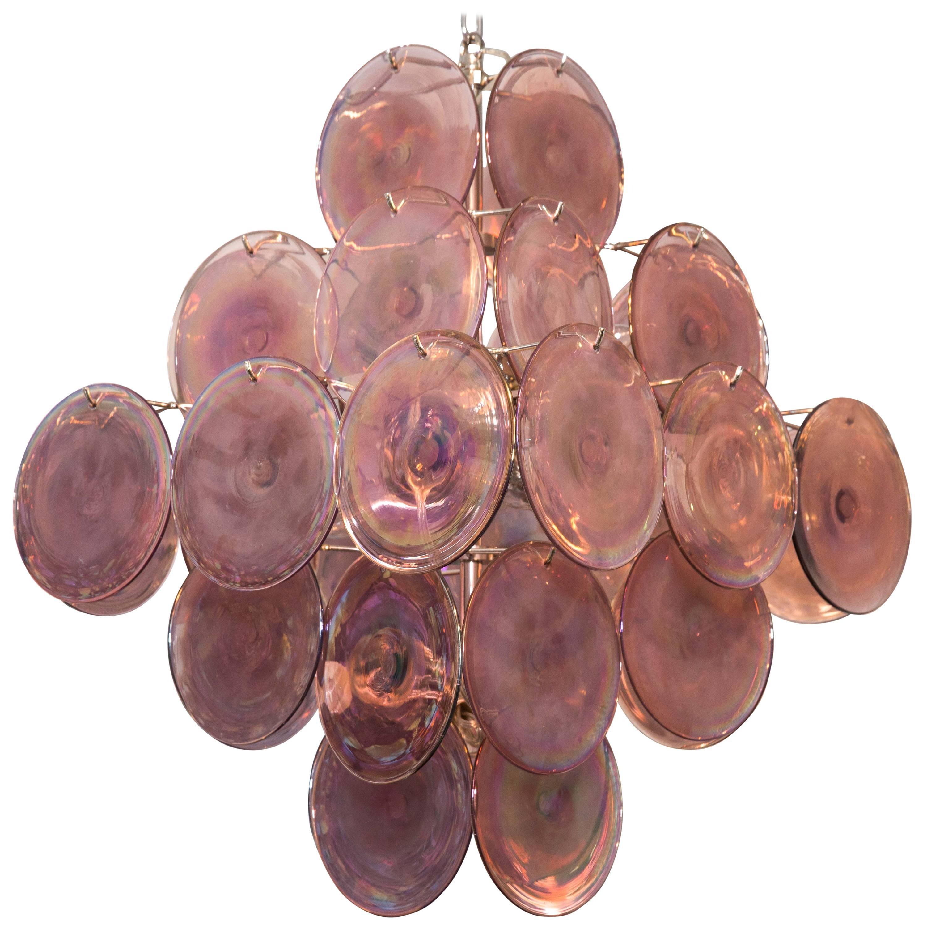 Nickel Chandelier Composed of 36 Layered Purple Glass Disks by Vistosi