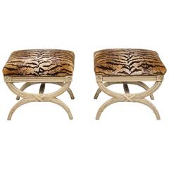 Pair of Curule Stools Upholstered in LeTigre Velvet