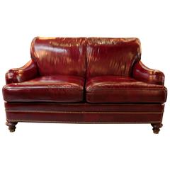 Used Cordivan Leather Loveseat with Antiqued Brass Nailhead Trim