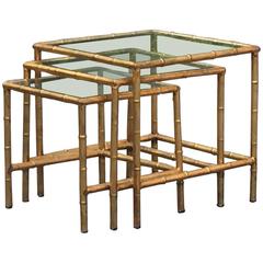 Set of Three Vintage Gilded Faux Bamboo Nesting Tables with Glass Tops
