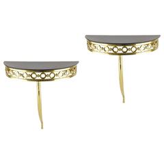 Pair of Consoles, Nightstands in Brass and Black Marble