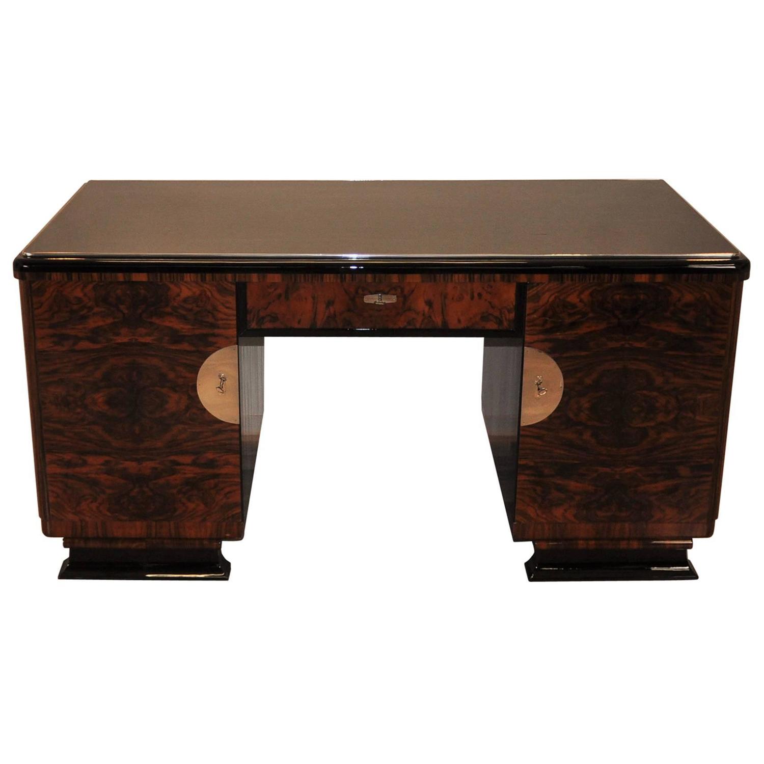 Two Sided Art Deco Desk with Burl Wood Doors For Sale at