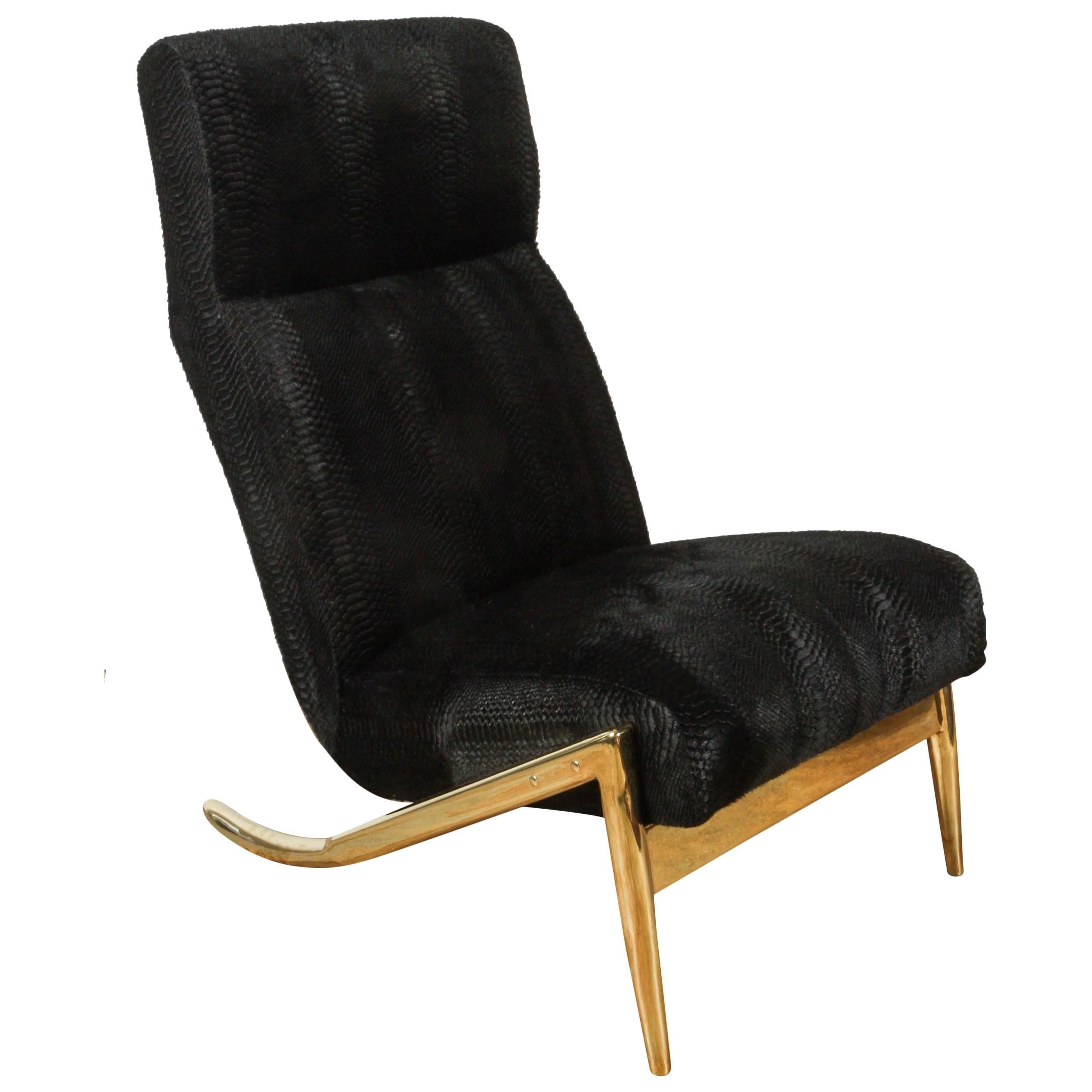 Paul Marra Slipper Chair in Brass with Laser Cut Cowhide Python For Sale