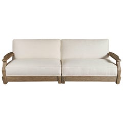 Mid-Century Distressed Oak Sofa New Finish and Upholstery