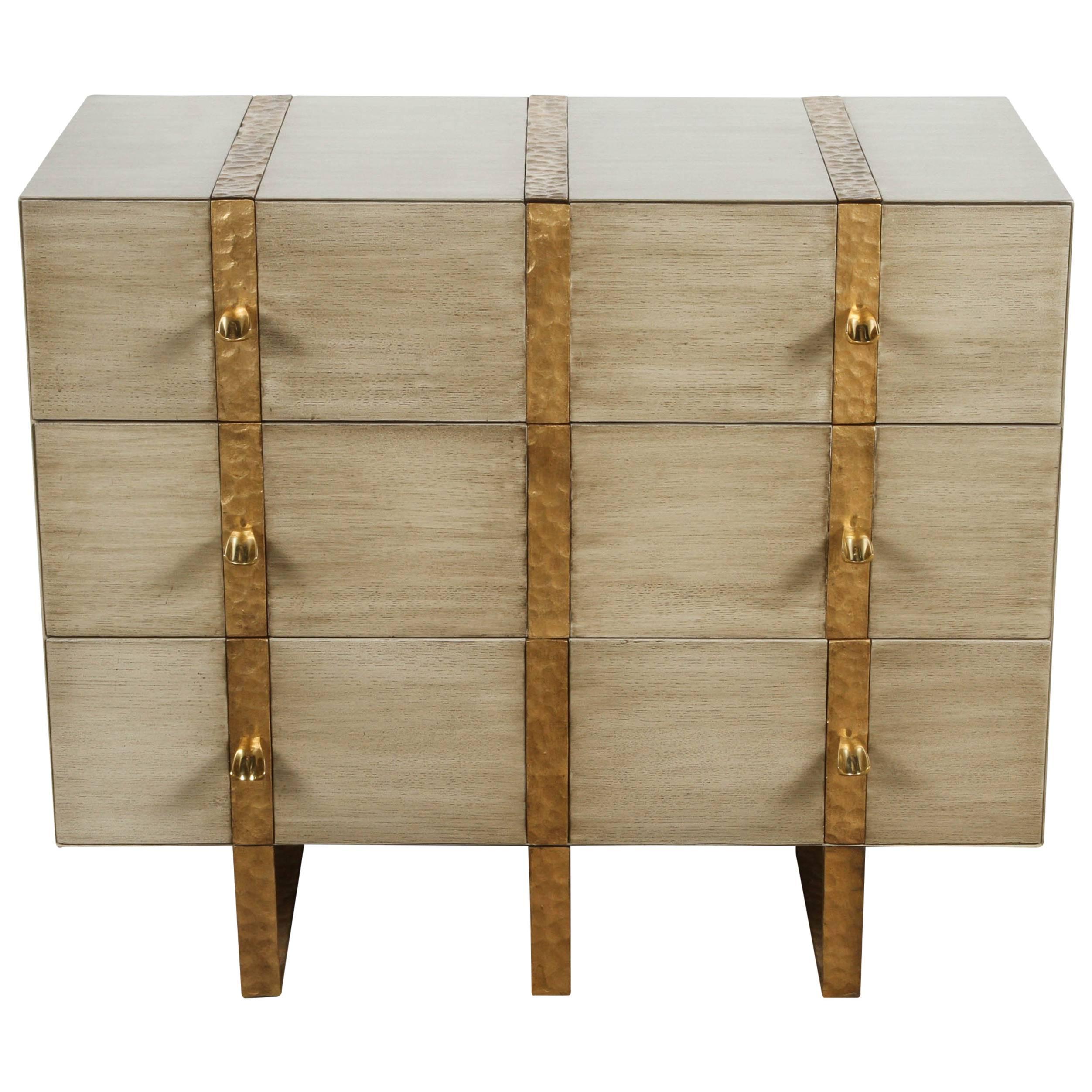 Paul Marra Three-Drawer Banded Chest in Bleached Oak and Inset Iron Band For Sale