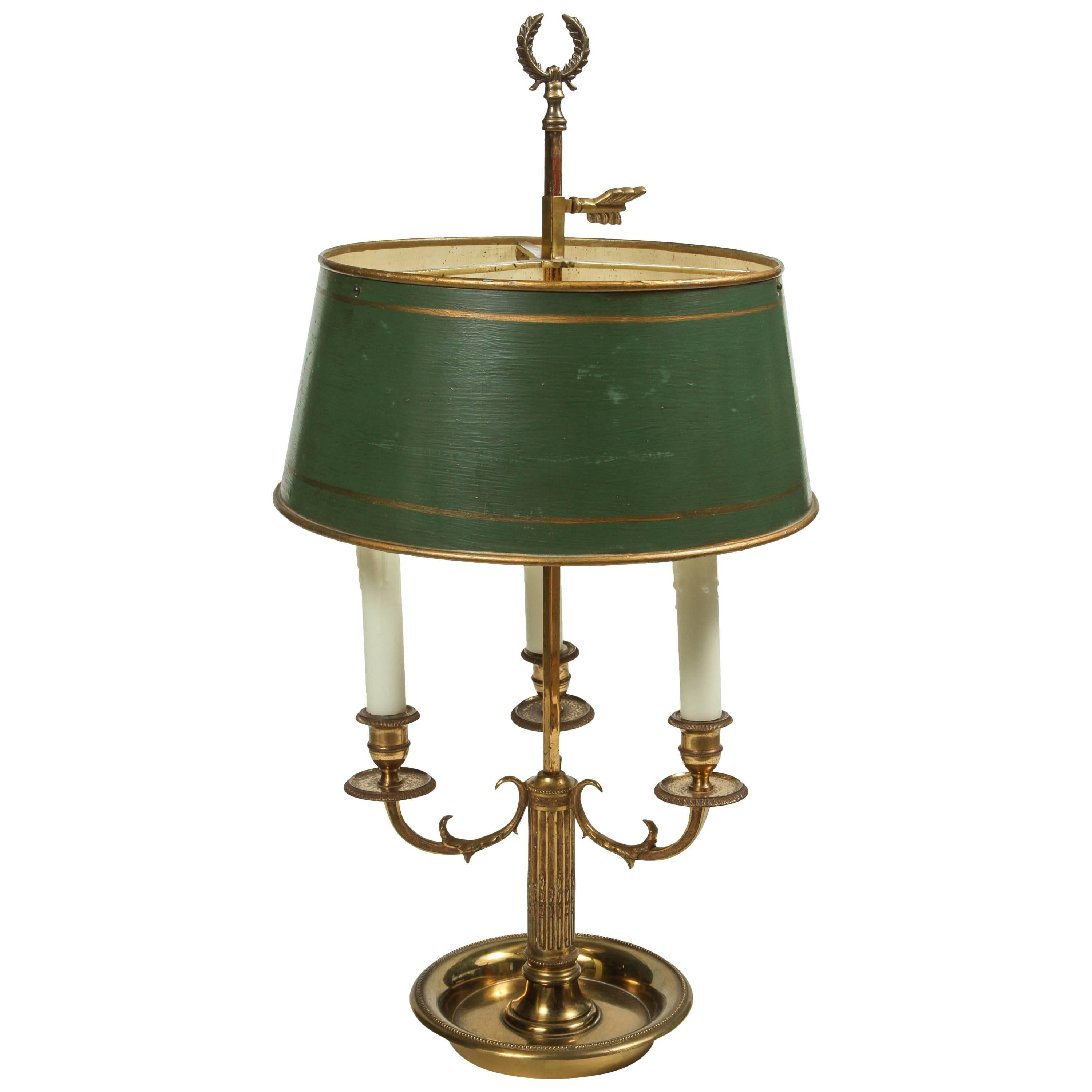 Brass Three-Light Bouillotte Lamp with Adjustable Green Tole Shade, 20th Century