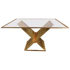 Vintage Brass, Burl and Glass Dining Table in the Manner of Milo Baughman
