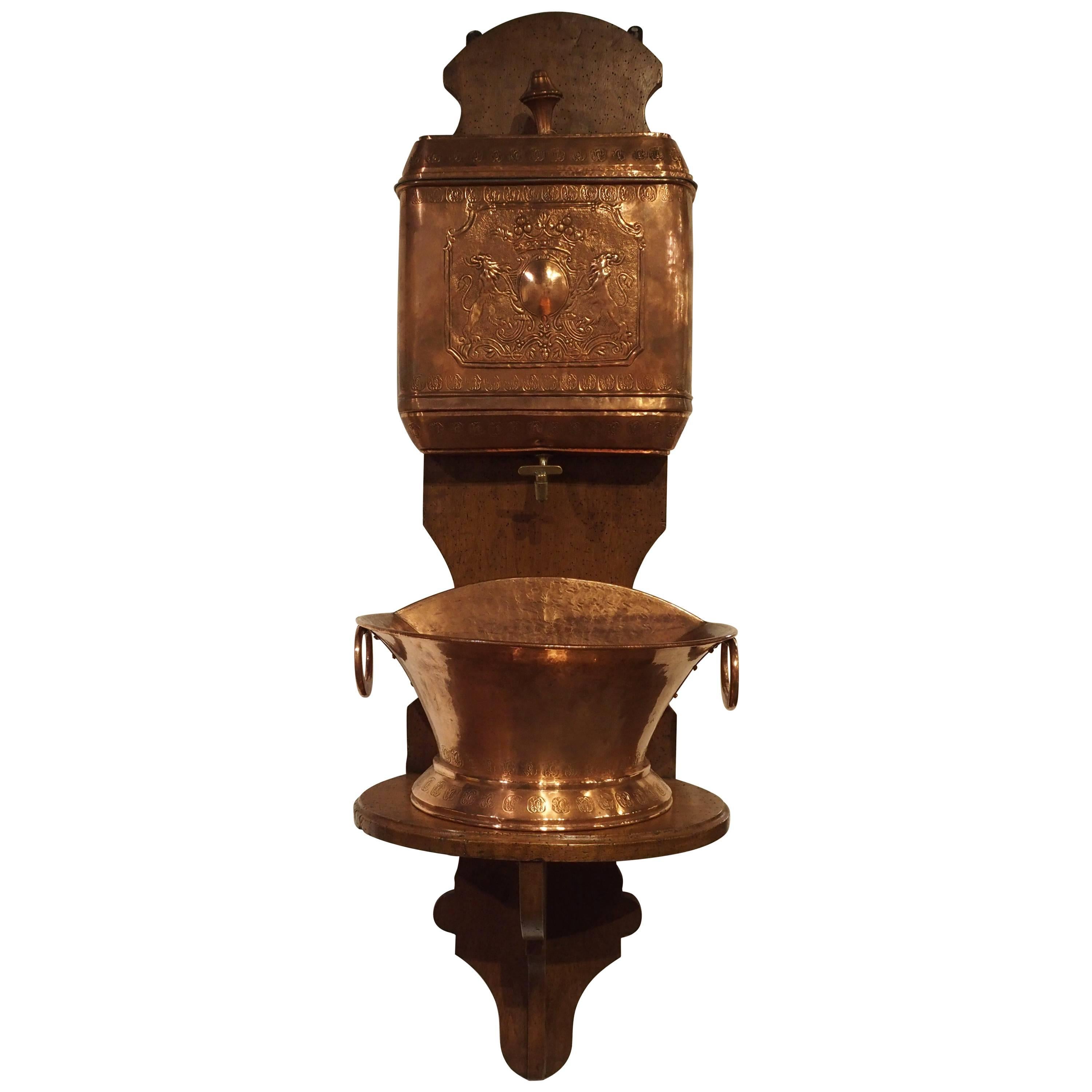 Antique French Copper Lavabo with Original Wood Mount, circa 1850