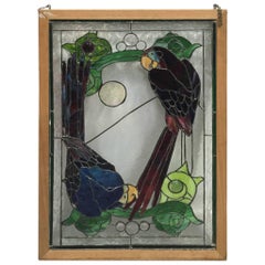 Vintage Stained Glass of Two Parrots in Wood Frame