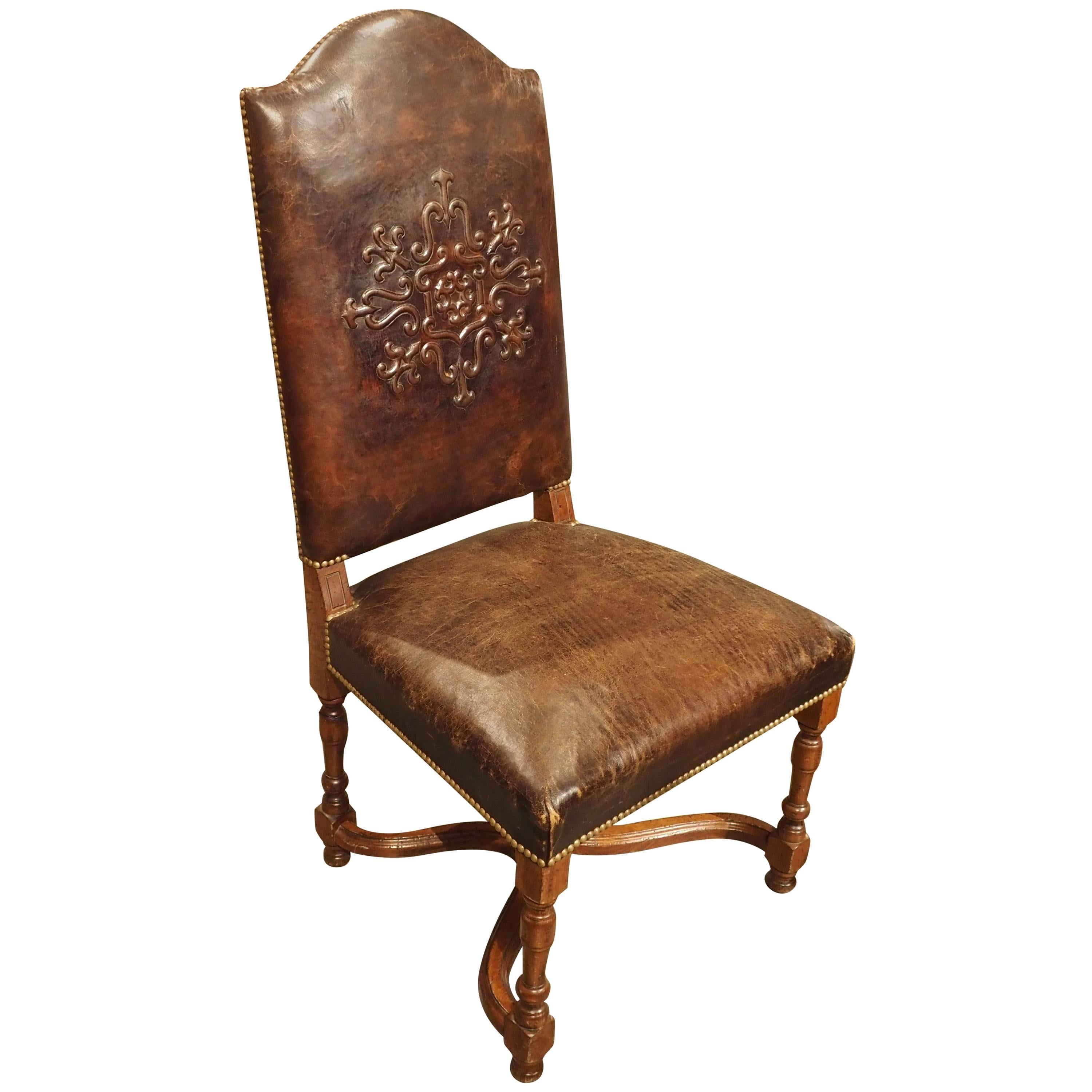 Embossed Leather Walnut Wood Side Chair from France