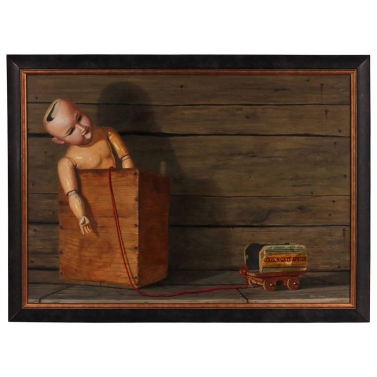 Robert Bock Oil on Board Still Life with Antique Toys For Sale