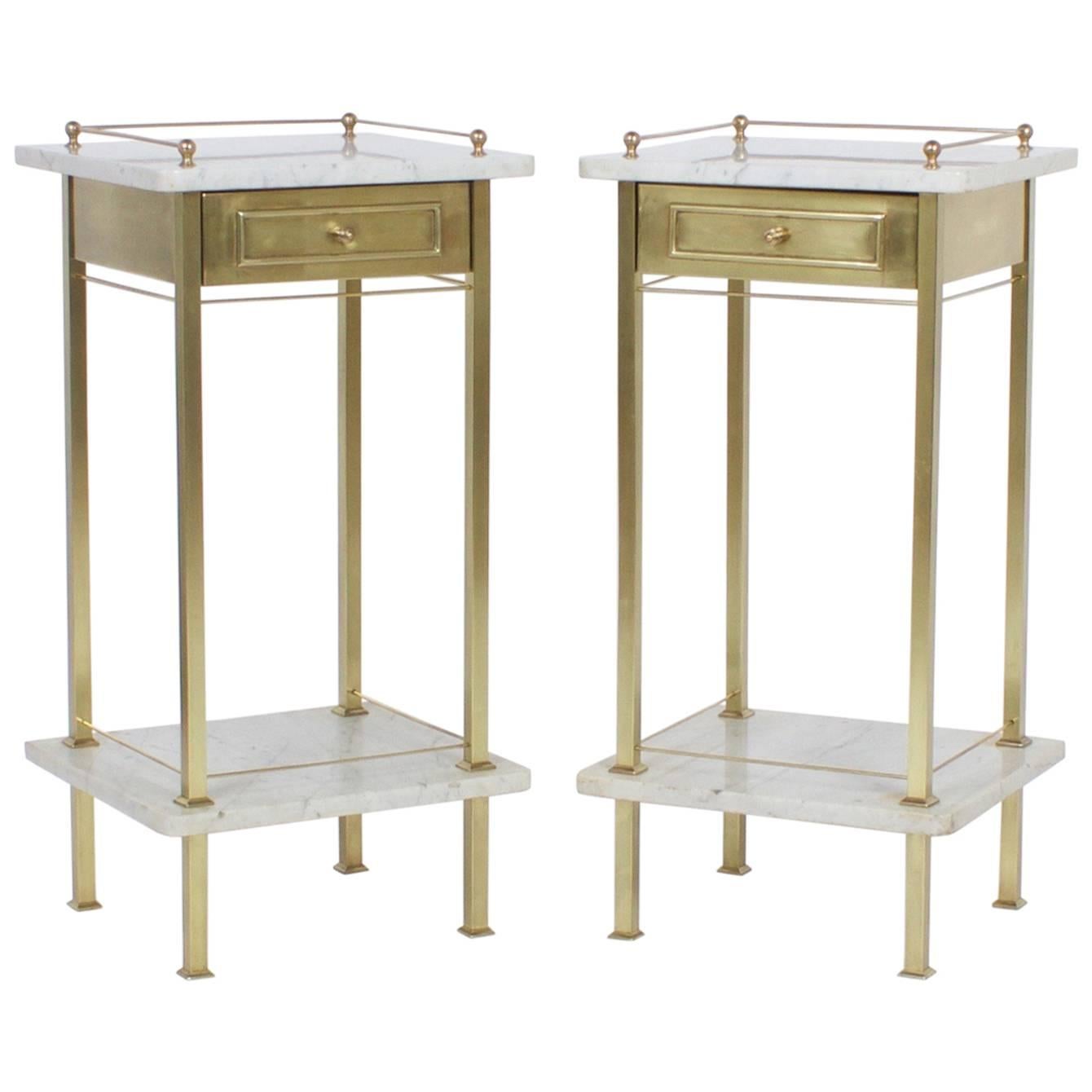 Pair of Brass and Marble Nightstands