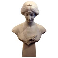 Italian Antique Art Nouveau White Marble Sculpture of Young Maiden 10